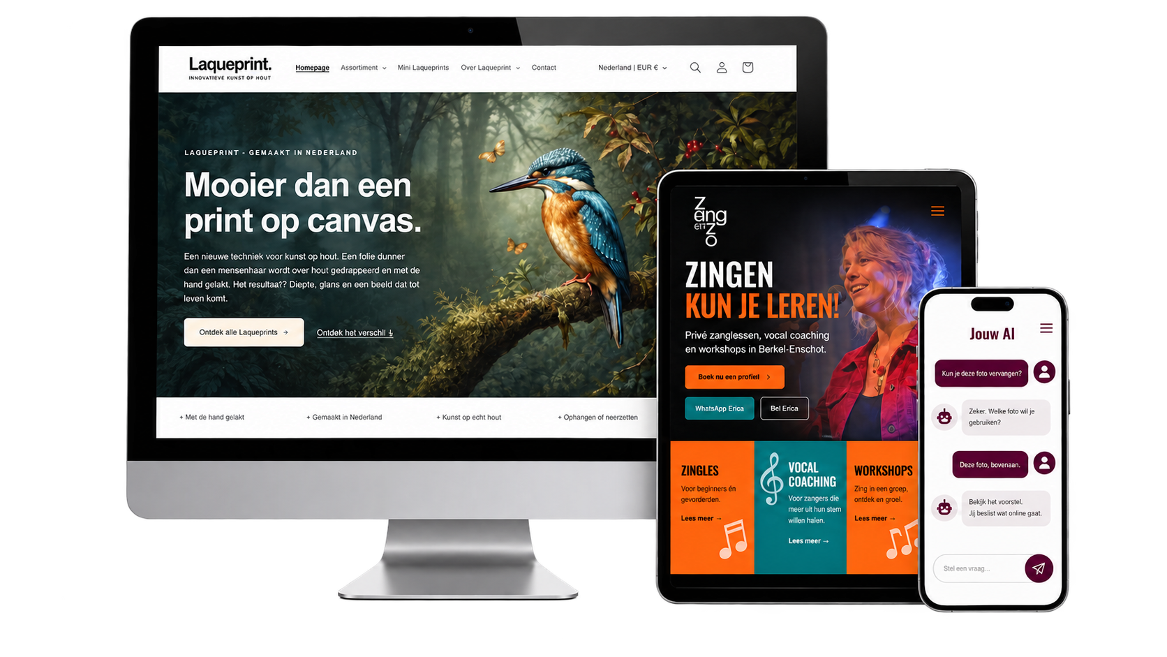 Laqueprint op desktop, Zang en Zo op tablet en een illustratie van aanpassen met AI op mobiel.