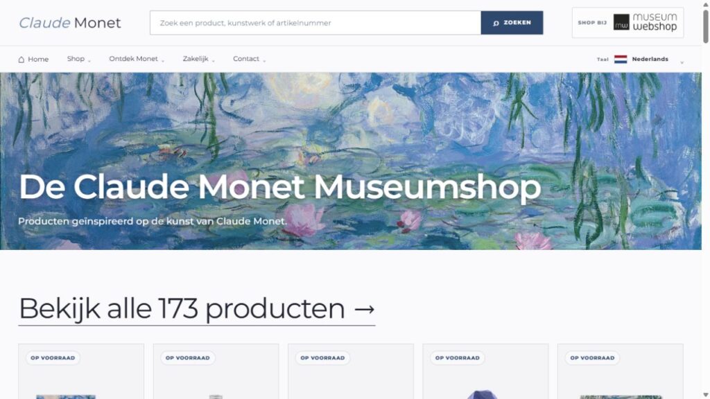 De live Claude Monet Museumshop, met waterlelies als hero en de Monet-productcollectie.